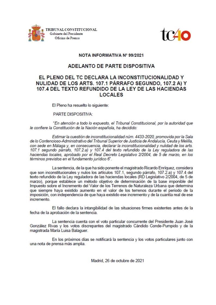 Novedades jurisprudenciales en relación con la “plusvalía municipal”: El Tribunal Constitucional declara la nulidad e inconstitucionalidad del método de cálculo.