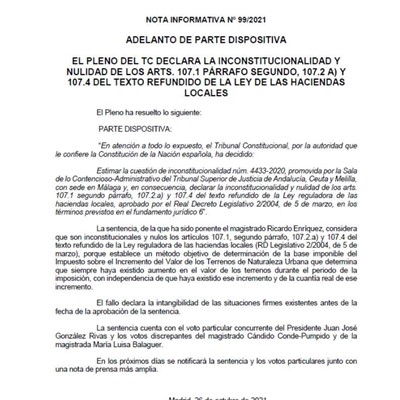 Novedades jurisprudenciales en relación con la “plusvalía municipal”: El Tribunal Constitucional declara la nulidad e inconstitucionalidad del método de cálculo.