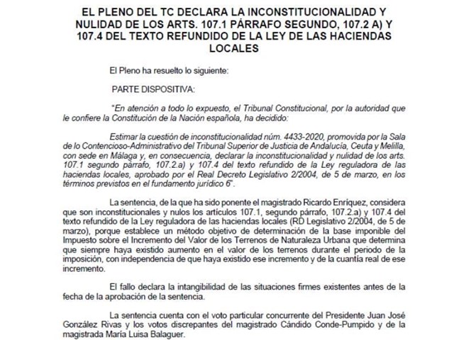 Novedades jurisprudenciales en relación con la “plusvalía municipal”: El Tribunal Constitucional declara la nulidad e inconstitucionalidad del método de cálculo.